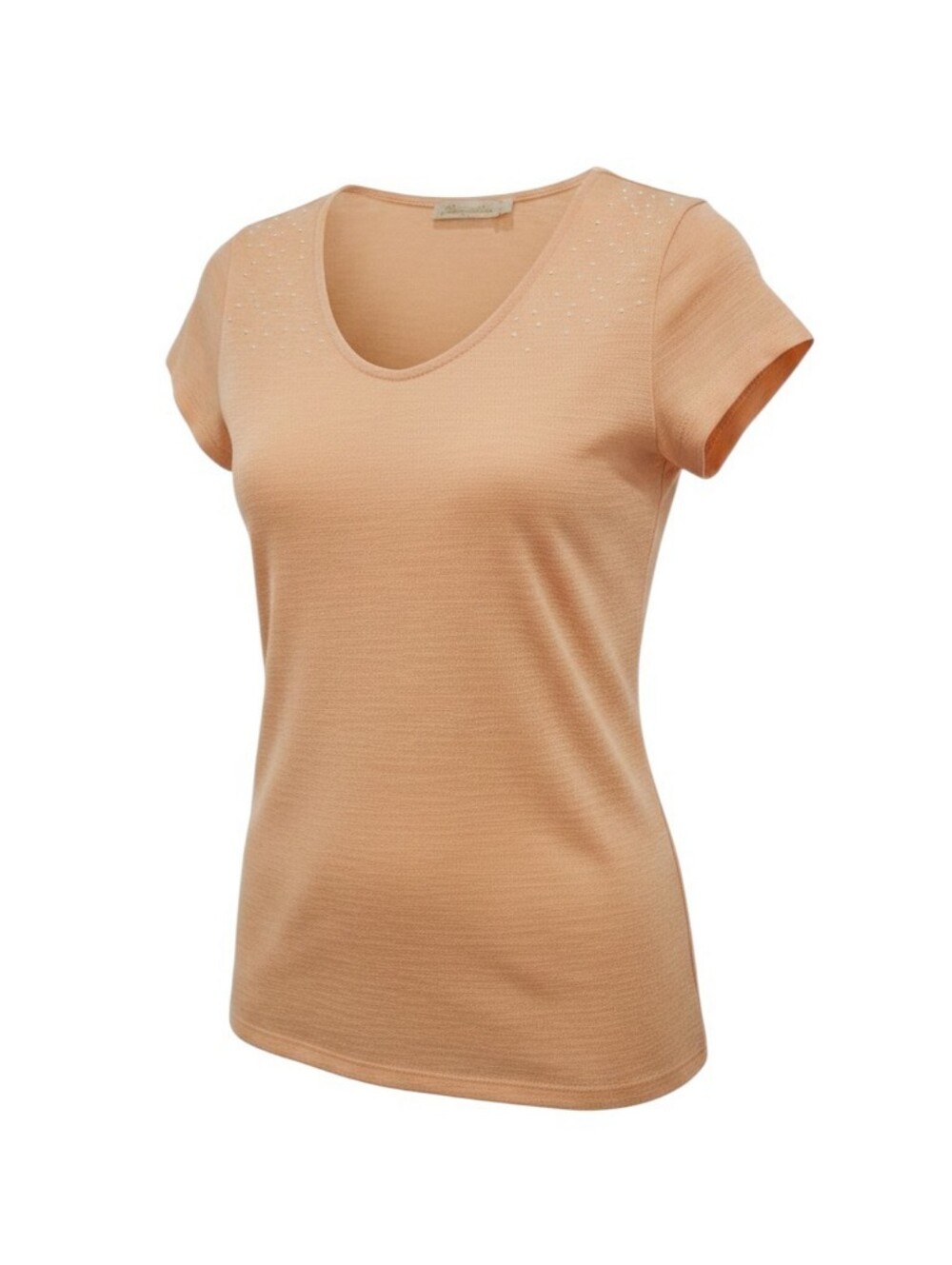 Branglina Women's Peach V-Neck Top XL Short Sleeve Pearl Detail 100% Polyester